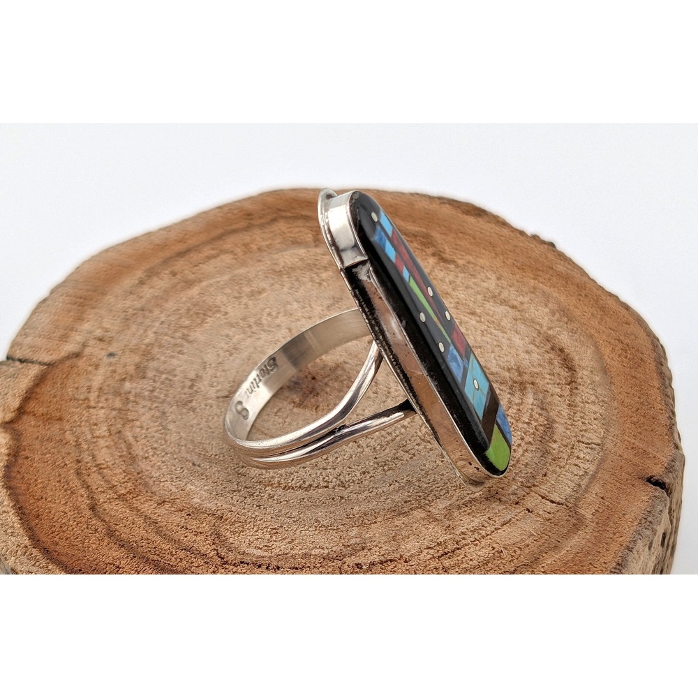 Handmade Zuni Inlay Ring by Gilbert Smith Adjustable Sterling Silver Night Day - Picture 2 of 9